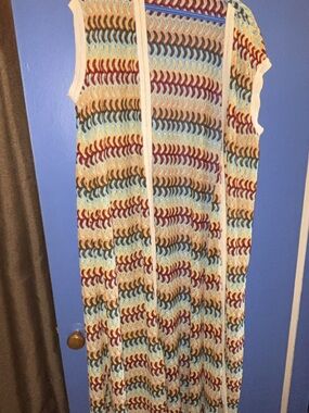 Sleeveless Multicolor Crochet Long Vest with Cream Trim
